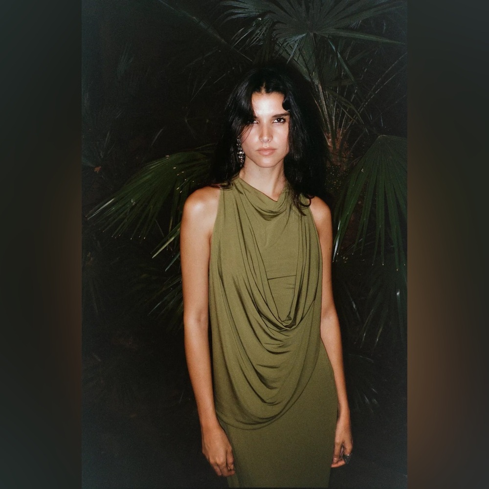 Zara Elegant Olive Green Draped maxi Dress size M nwt evening party